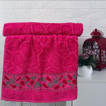 Kadife Banyo Havlusu 90x140 Fuşya Renk Taş Desen 
