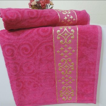 Kadife Banyo Havlusu 90x140 Fuşya Renk Luxury Desen 
